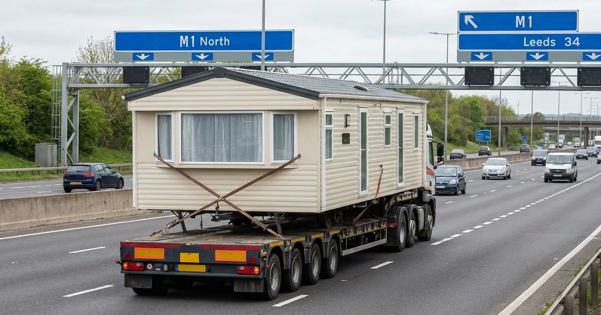 A static caravan loaded on a low-loader lorry being transported along a UK road